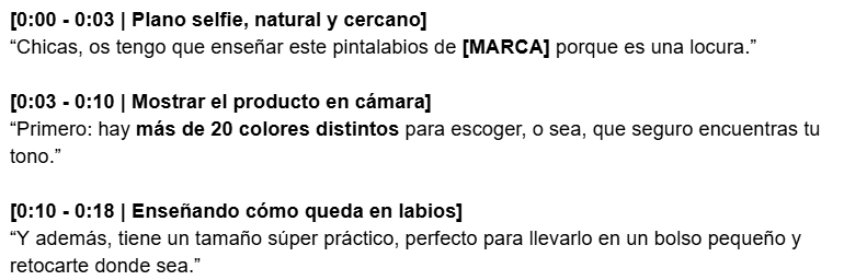 Fragmento de un guion generado con indicaciones de escena y texto para promocionar un pintalabios