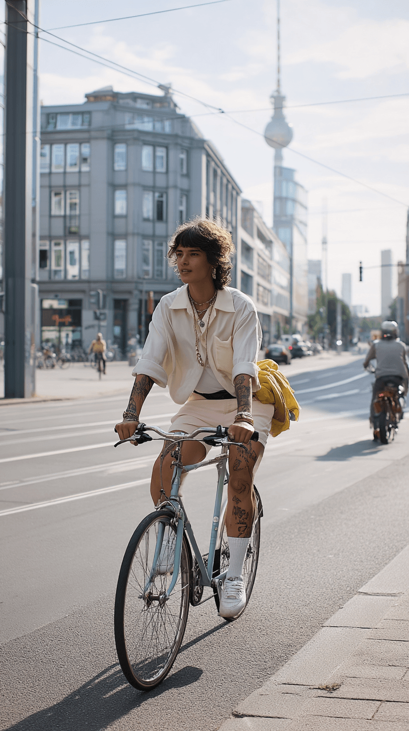 A person cycles along a Berlin street, with the TV Tower in the background.