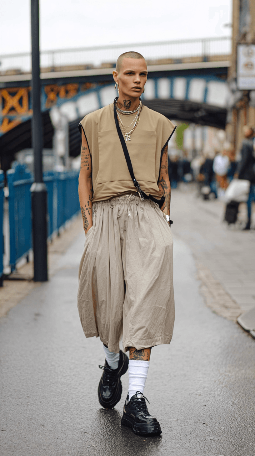 A person in urban clothing walks along a London street, with a bridge in the background.