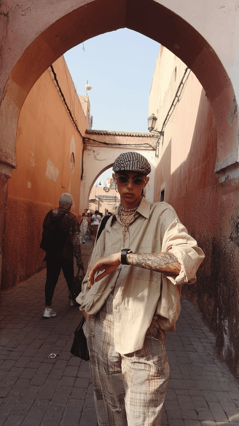A person checks their watch in an arched passageway of traditional architecture in Marrakech.