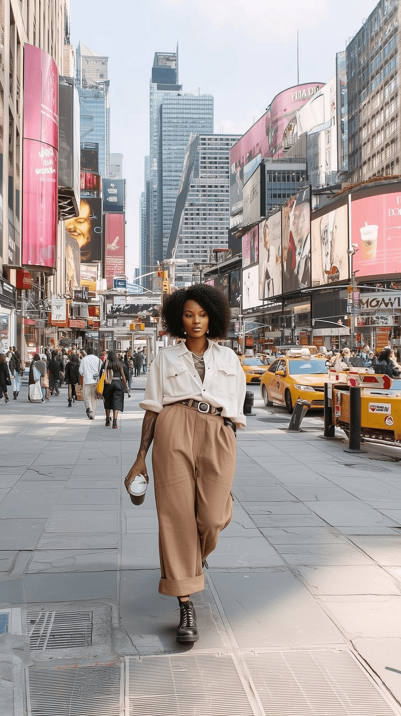 A person walks past the buildings, billboards and yellow taxis of New York.