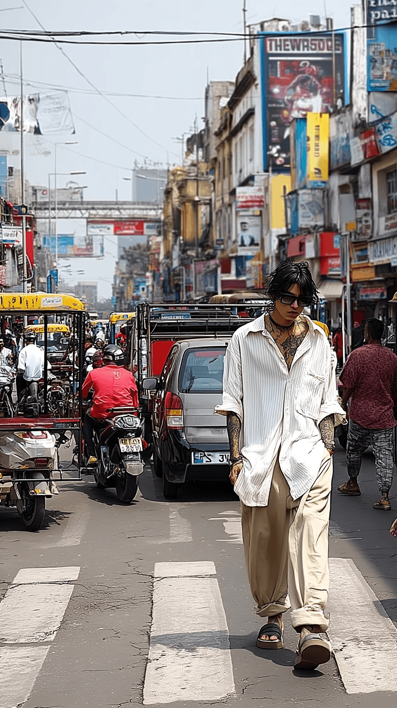 A person crosses a busy New Delhi street lined with rickshaws and motorbikes.