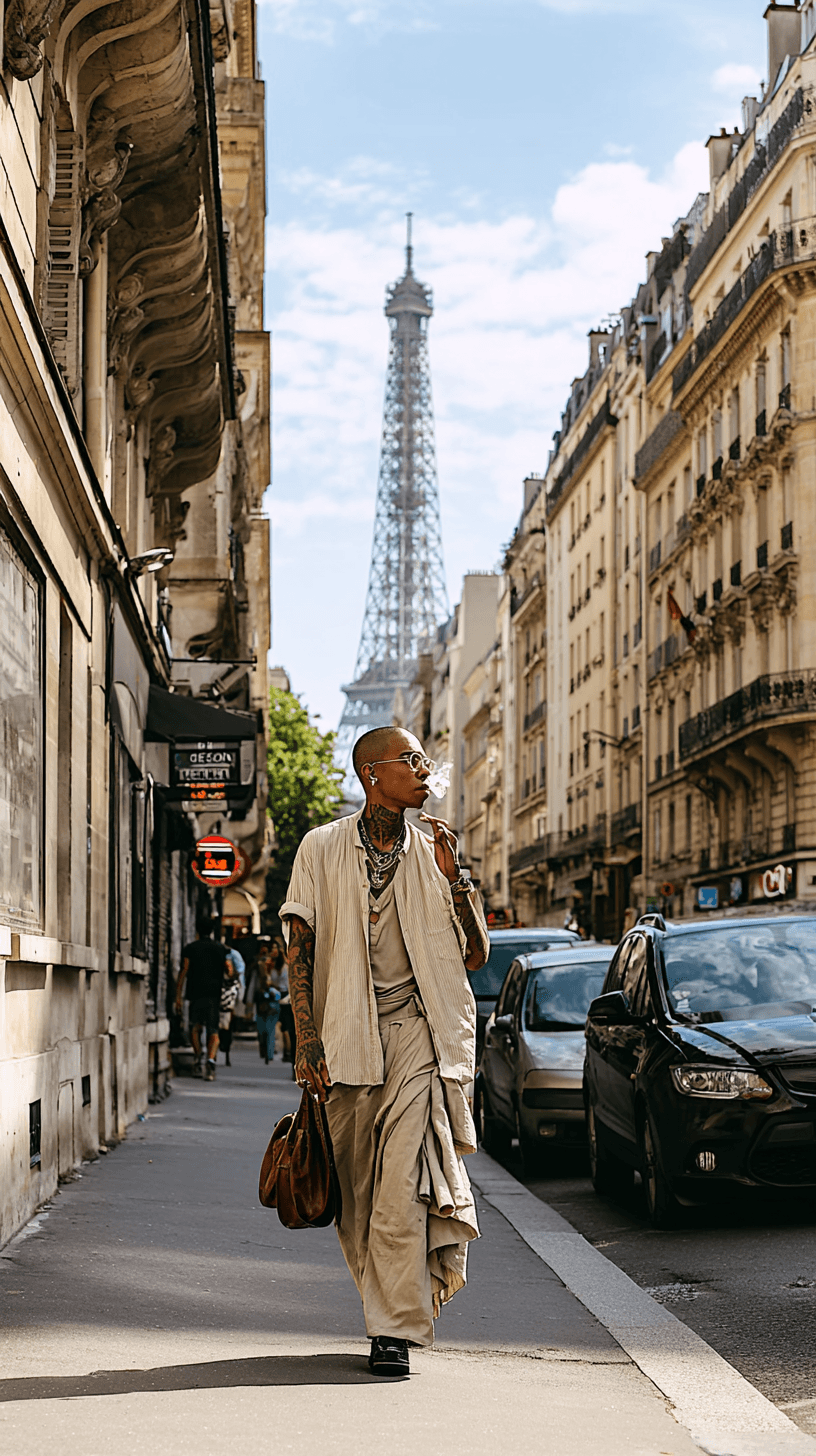 A person in neutral-toned clothing walks down a Paris street, with the Eiffel Tower in the background.