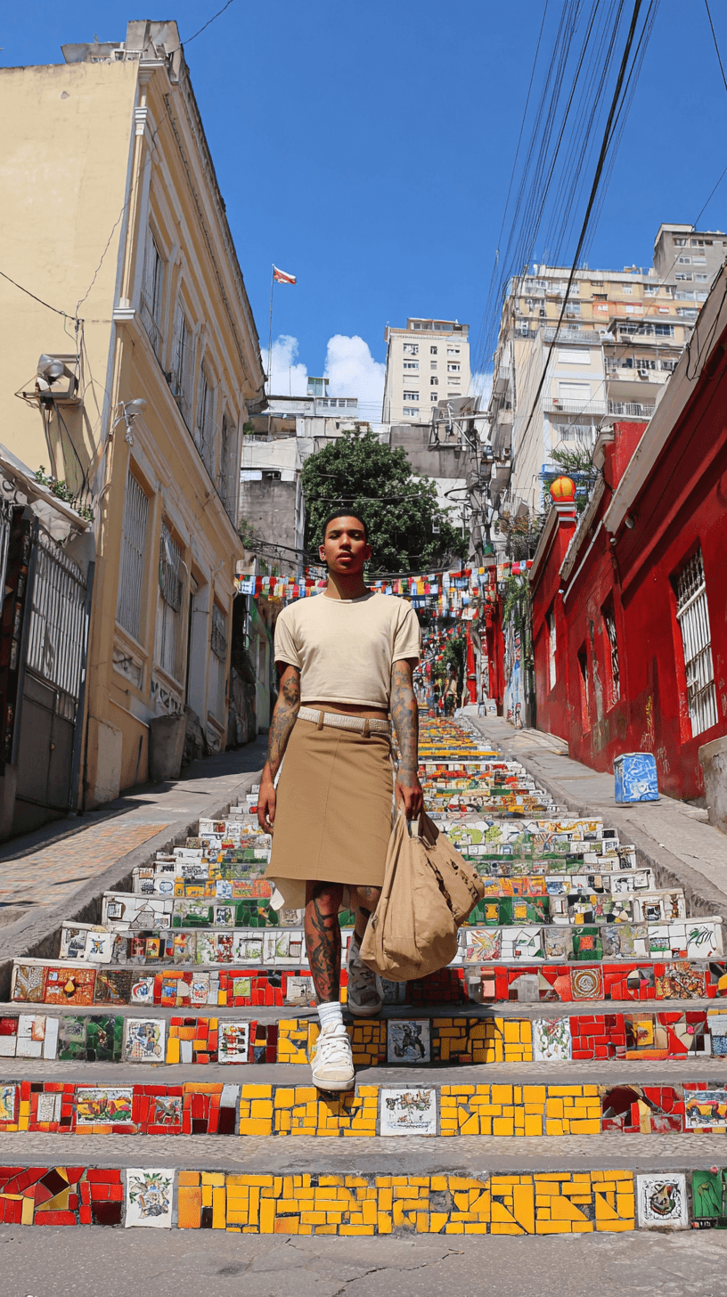 A person walks down a colourful mosaic staircase in Rio de Janeiro.