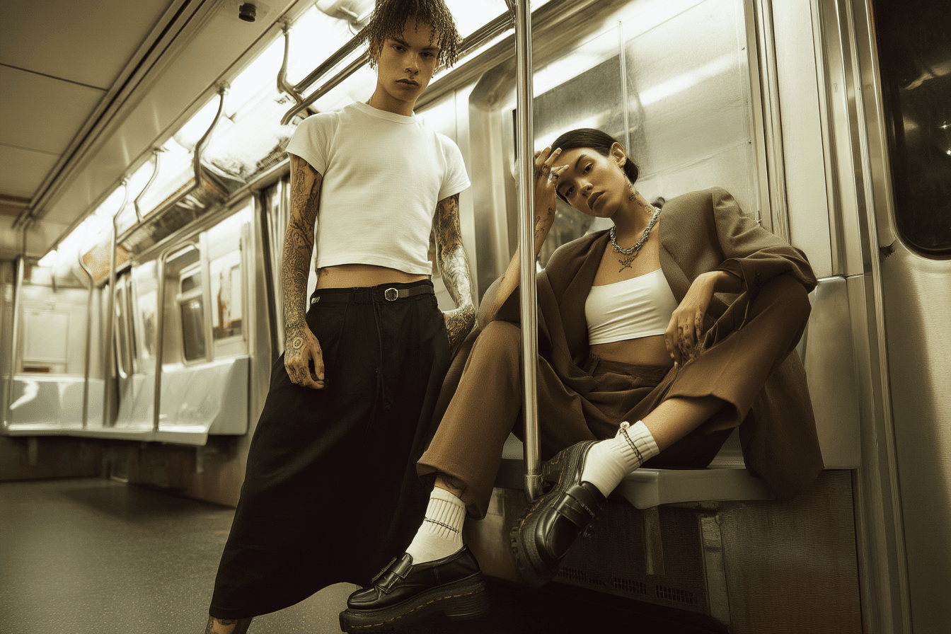 Two people in neutral-toned clothing share a moment inside an underground carriage.
