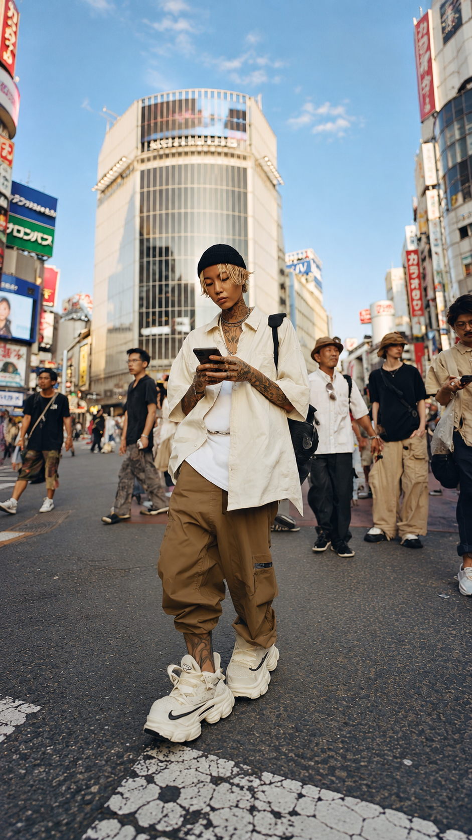 A person in neutral-toned clothing looks at their phone amid the crowds of Tokyo.